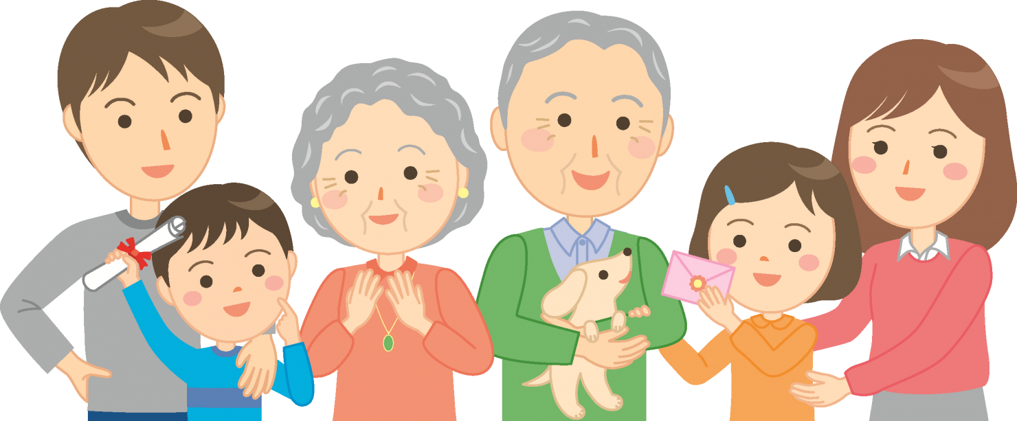 おじいちゃんとおばあちゃんと息子夫婦と孫の三世代が仲良くしている家族のイラスト