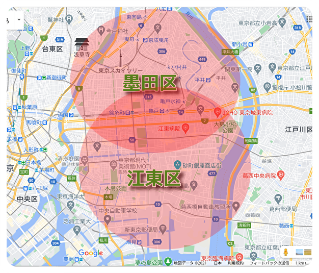 東京都江東区と墨田区の地図